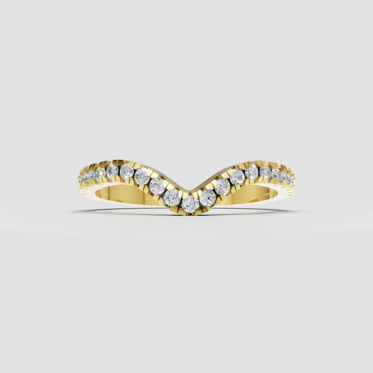 Yellow gold curved chevron diamond wedding band with round brilliant stones