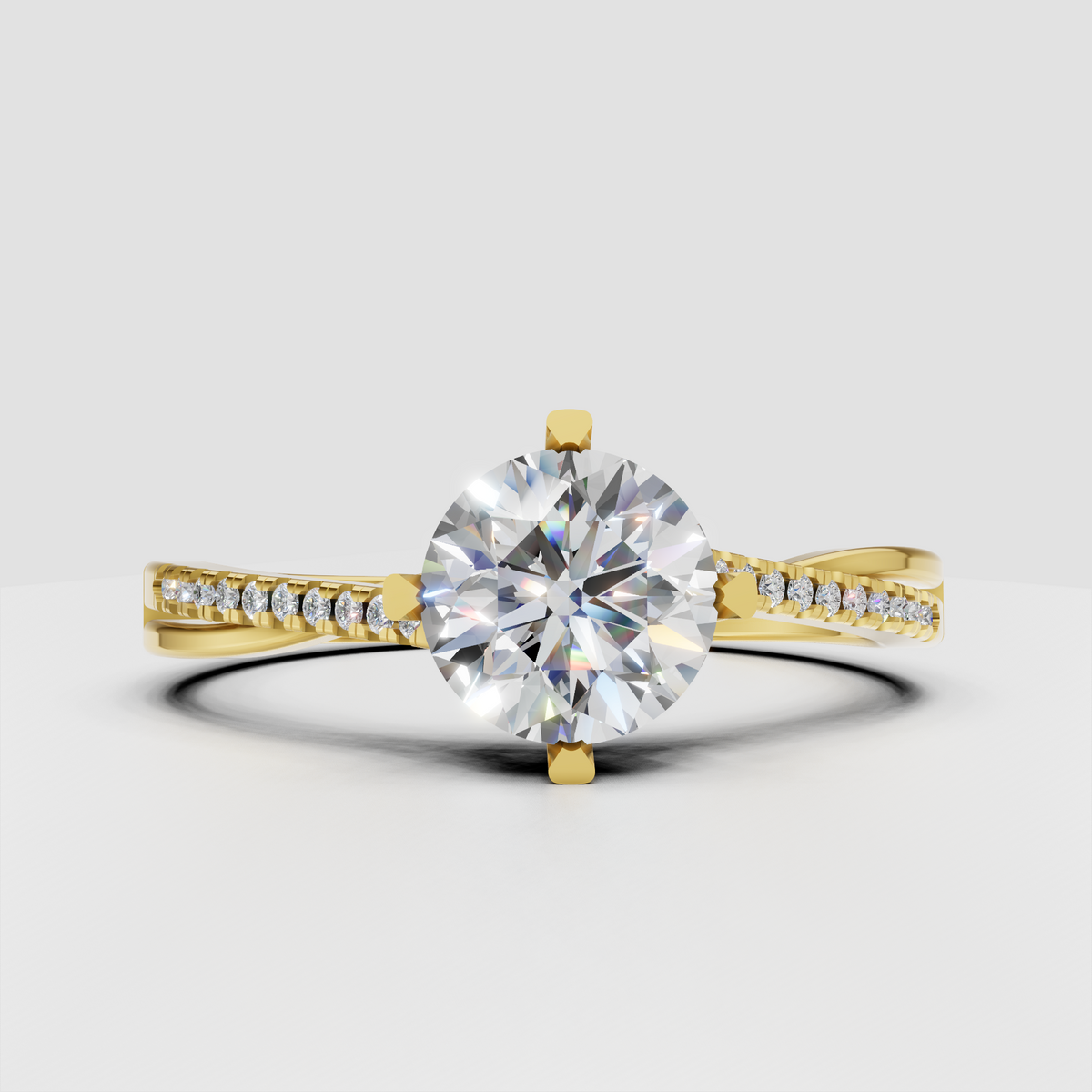 Round Diamond cathedral pave engagement ring in polished metal