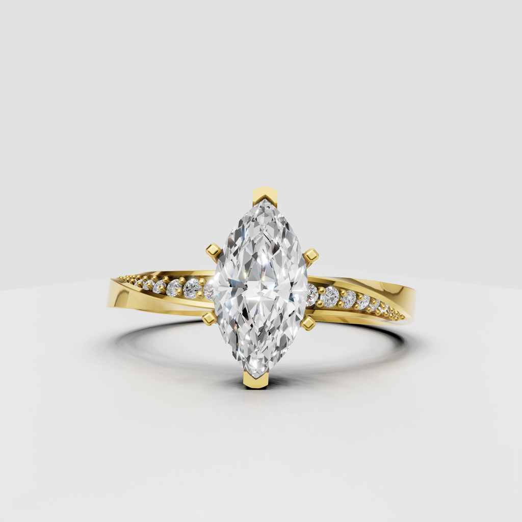 Marquise diamond six-prong yellow gold engagement ring with pavé side stones