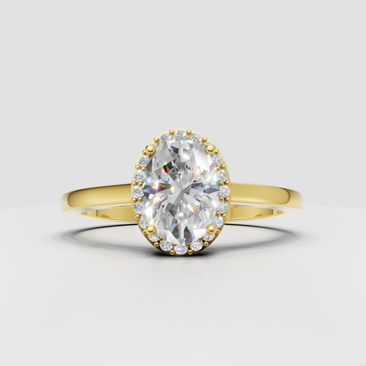 Oval diamond four-prong halo yellow gold engagement ring with round accent stones