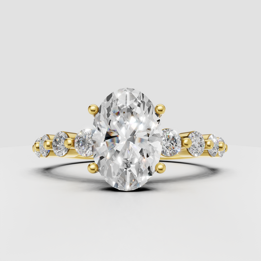 Oval cut diamond cathedral engagement ring with round side stones in yellow gold
