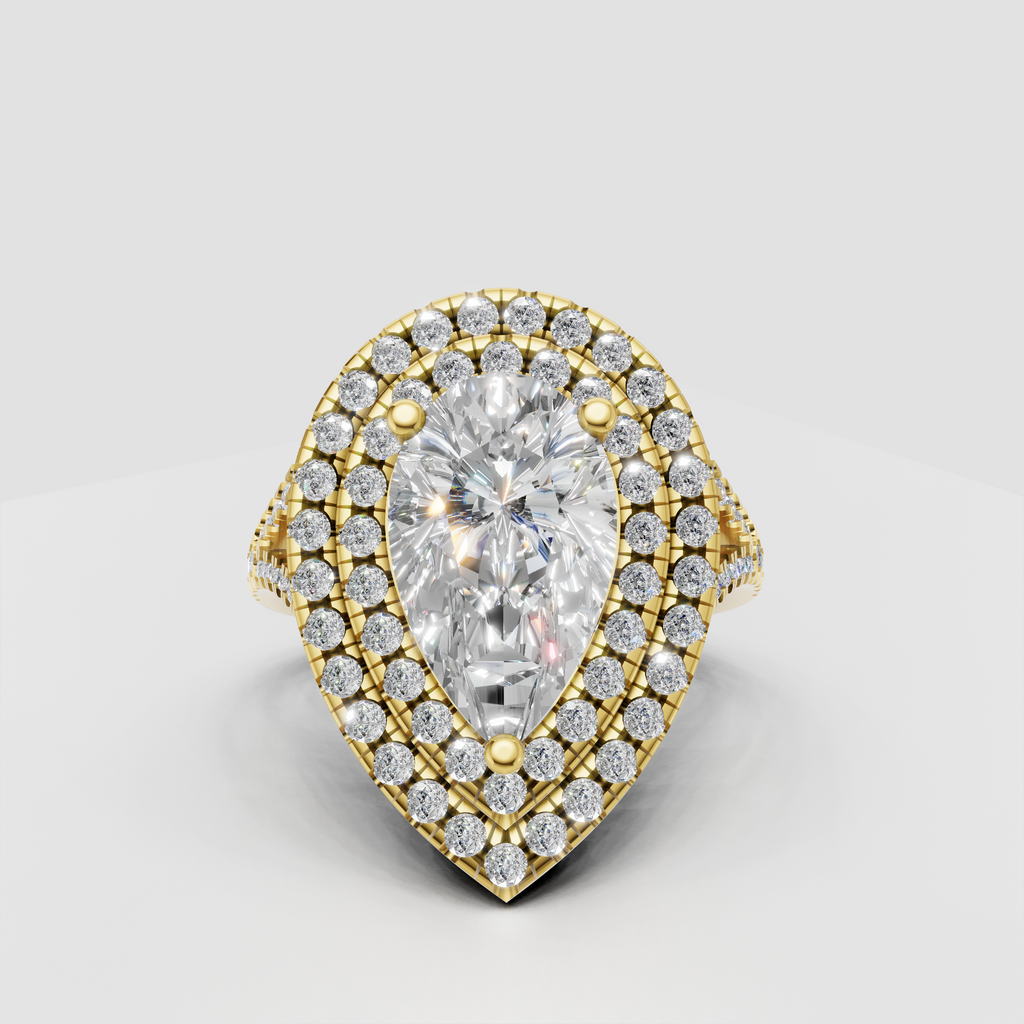 Pear cut diamond double halo engagement ring in polished yellow gold