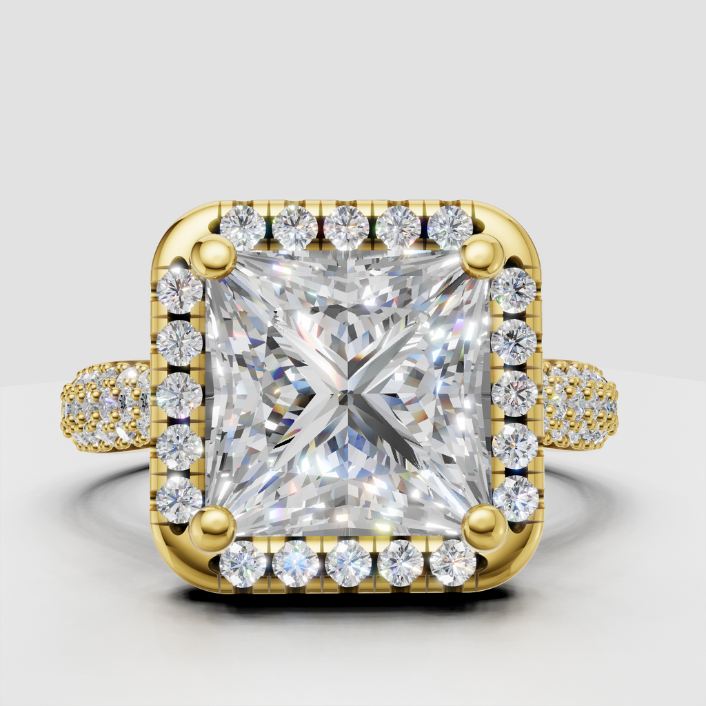Princess Cut Diamond Halo Ring with pavé yellow gold band