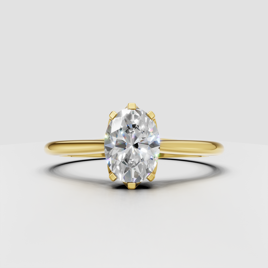 Oval diamond six-prong cathedral solitaire engagement ring in yellow gold