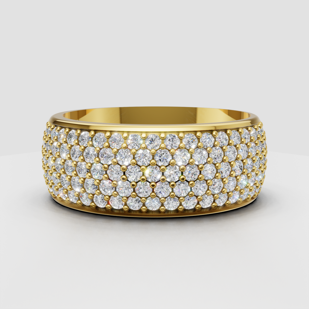 Round diamond bead-set pavé wide band eternity ring in polished yellow gold