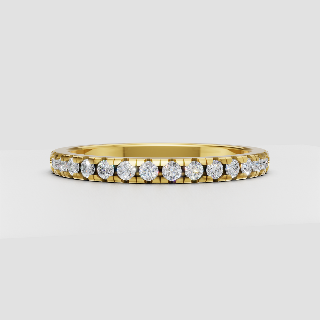 Round diamond eternity band with shared prong setting