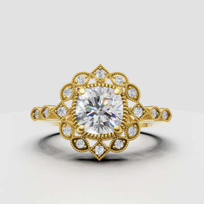 Cushion cut diamond floral halo engagement ring in yellow gold