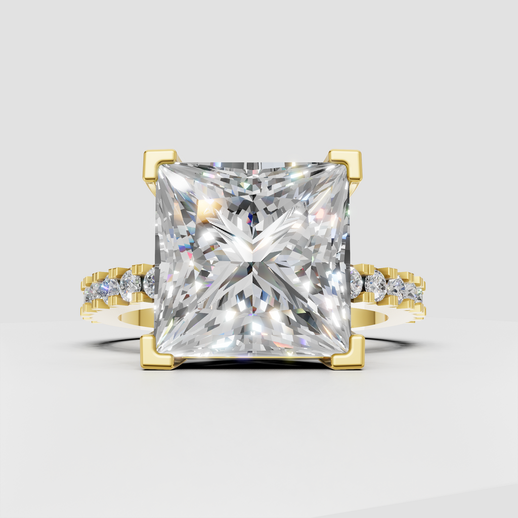 Princess cut diamond engagement ring with pave band in yellow gold