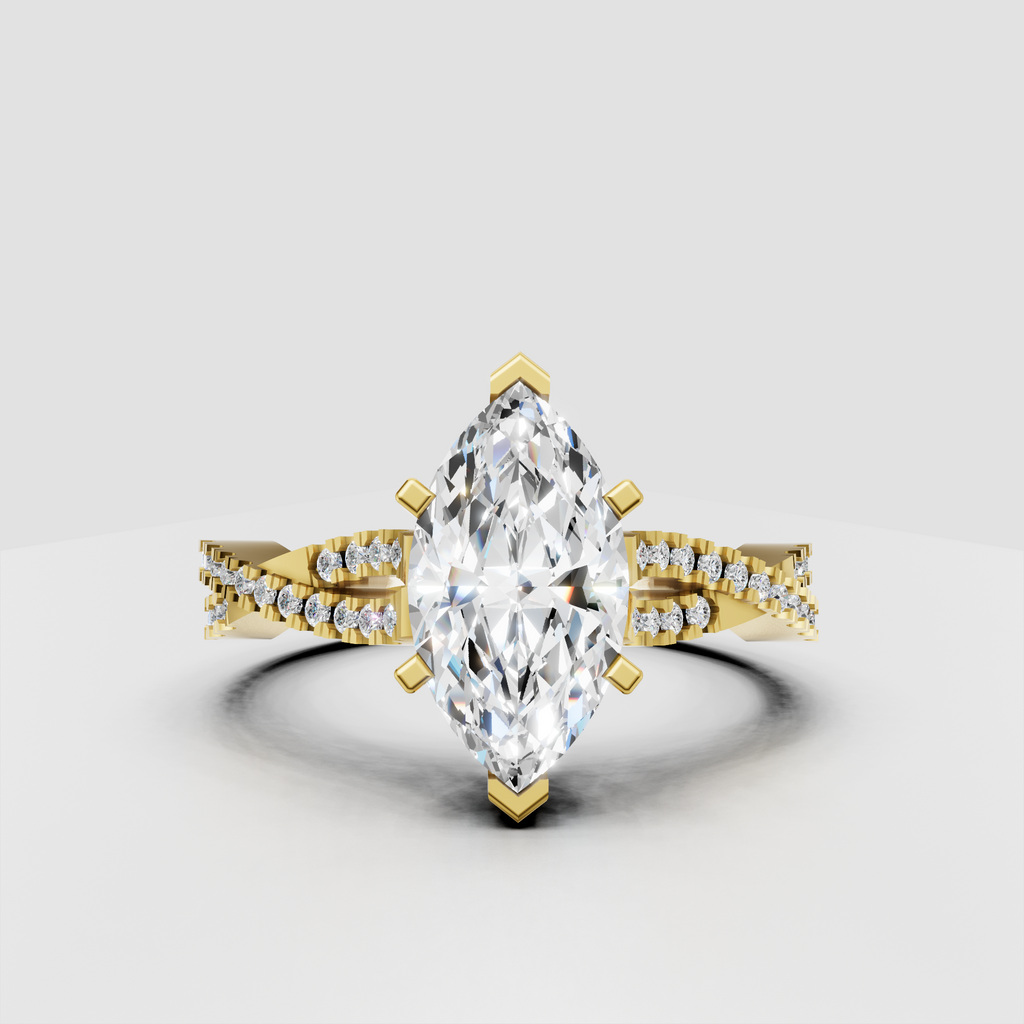 Marquise cut diamond cathedral engagement ring with six-prong setting and pavé split shank band.