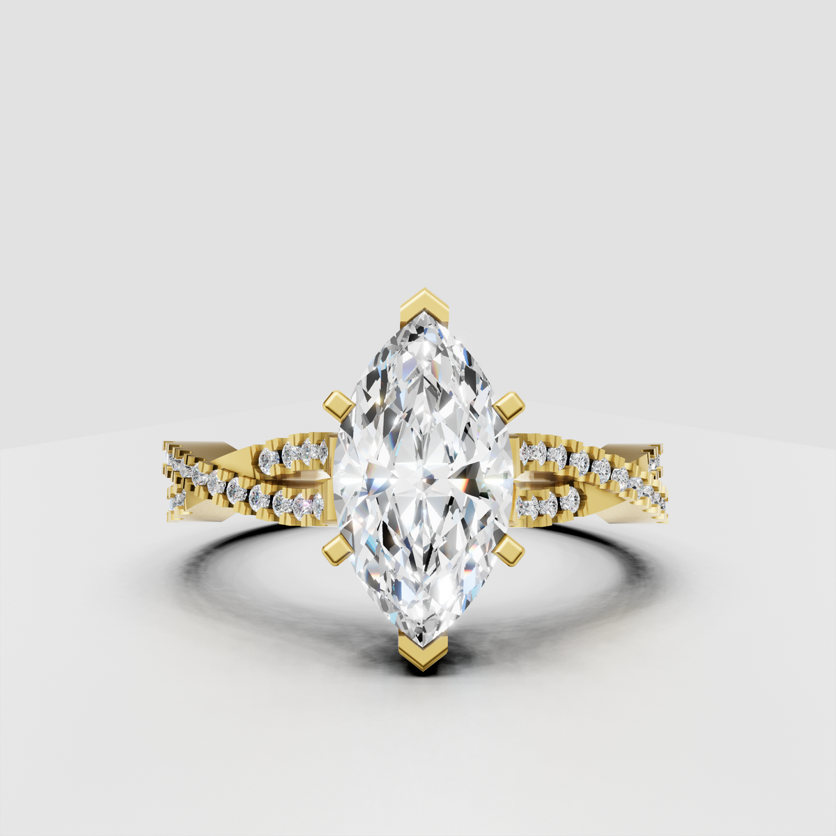 Marquise cut diamond cathedral engagement ring with six-prong setting and pavé split shank band.