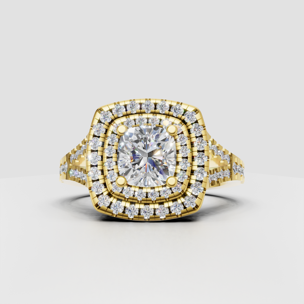 Cushion cut diamond triple halo engagement ring with split shank