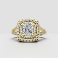 Cushion cut diamond triple halo engagement ring with split shank
