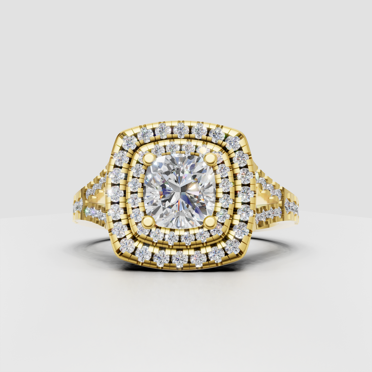 Cushion cut diamond triple halo engagement ring with split shank