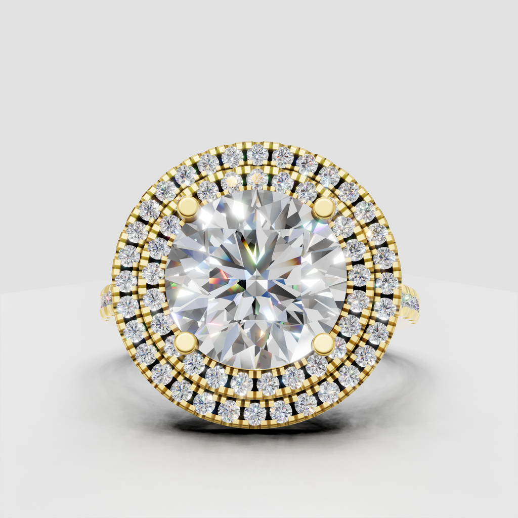 Round diamond double halo engagement ring in polished yellow gold