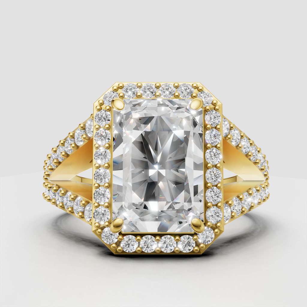 Radiant cut diamond halo engagement ring with pave split shank
