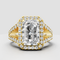 Radiant cut diamond halo engagement ring with pave split shank