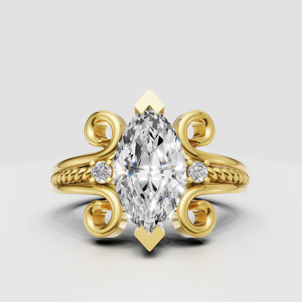 Marquise diamond vintage engagement ring with ornate scrollwork
