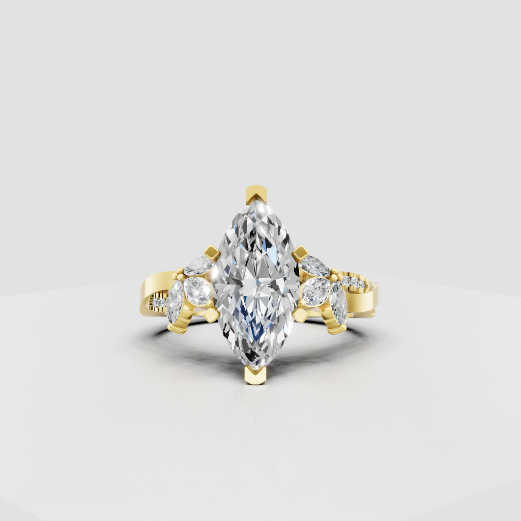 Marquise diamond floral engagement ring with prong setting and side stones