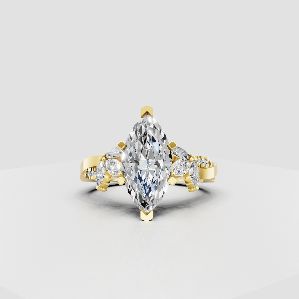 Marquise diamond floral engagement ring with prong setting and side stones
