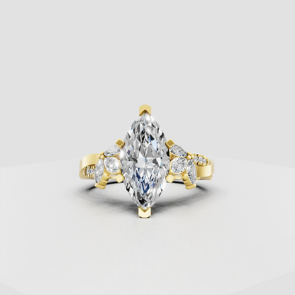 Marquise diamond floral engagement ring with prong setting and side stones