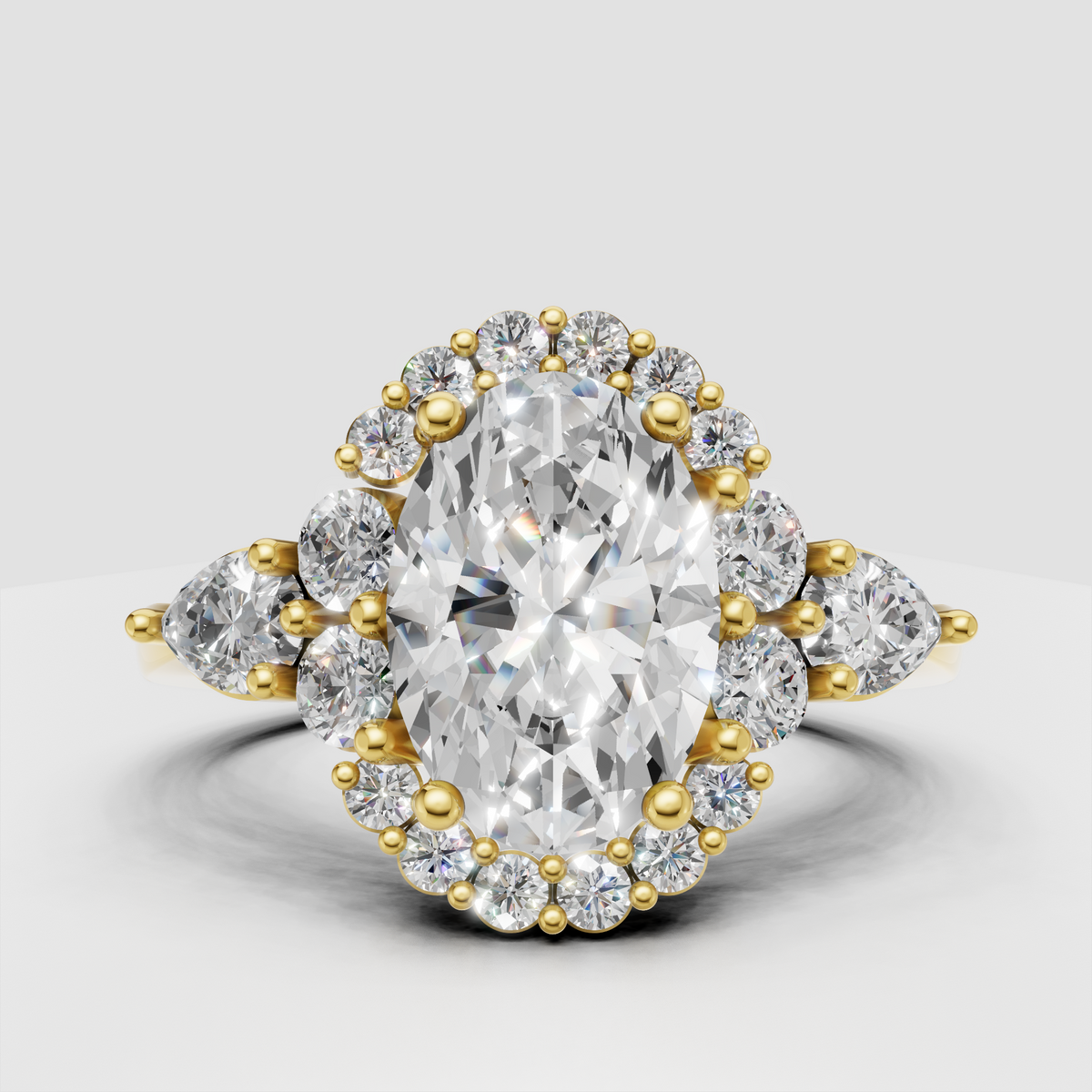 Oval diamond halo engagement ring with round accent stones and side stones
