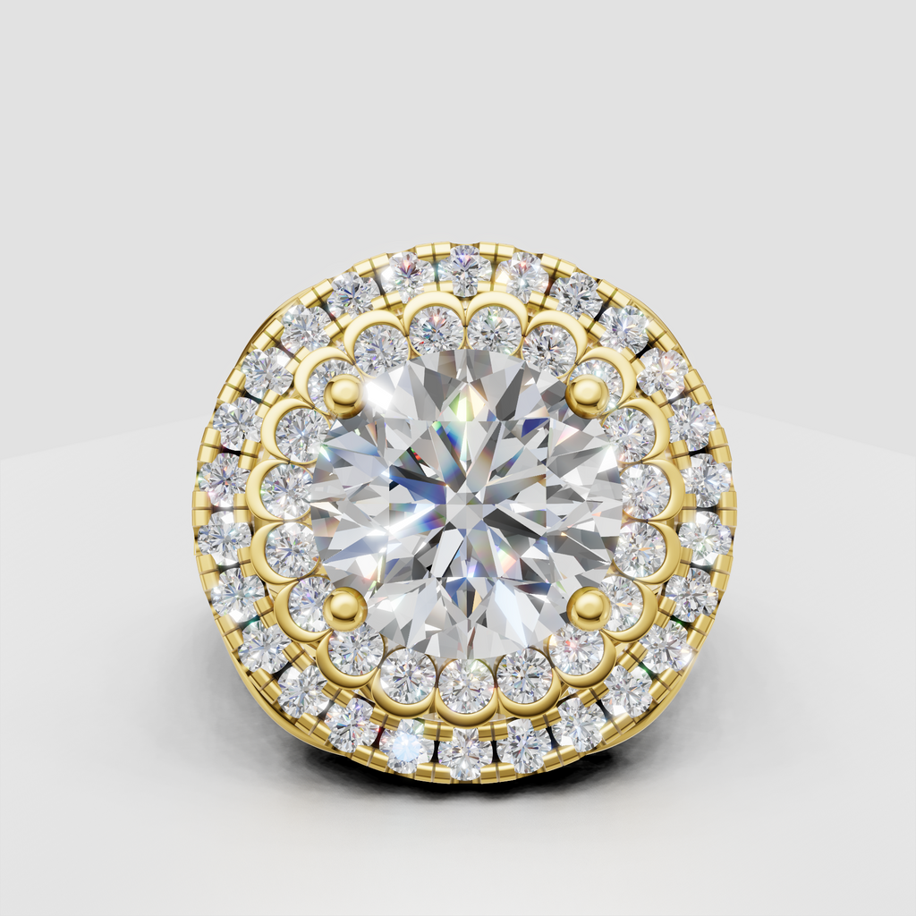 Round cut diamond double halo engagement ring with sparkling diamond accents