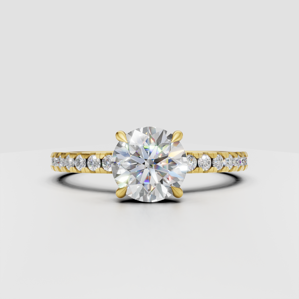 Round diamond paved half eternity ring in polished yellow gold