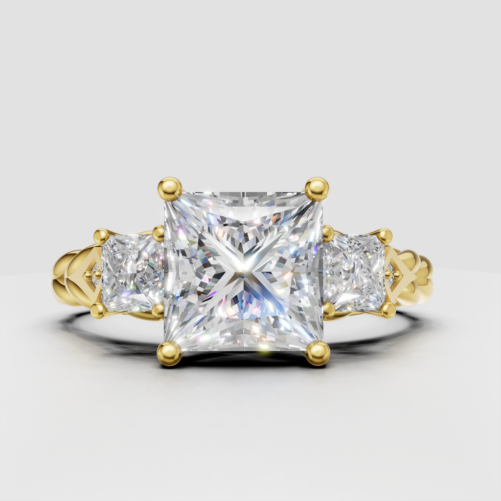 Princess cut diamond three stone vintage style ring in yellow gold