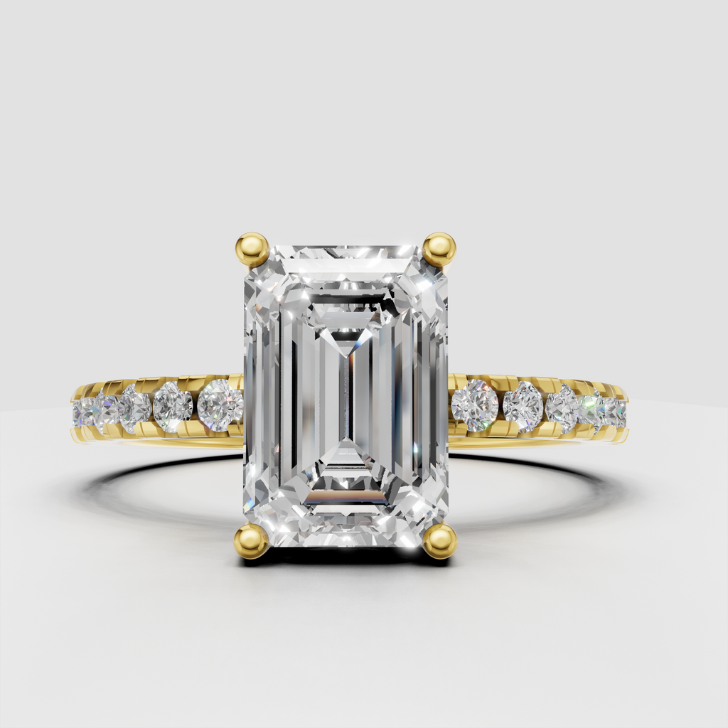 Emerald cut hidden halo diamond ring in yellow gold