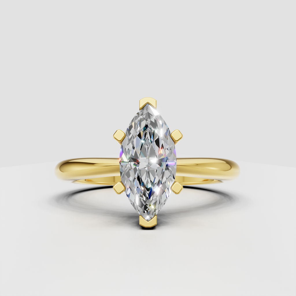 Marquise cut diamond solitaire plain band ring in yellow gold