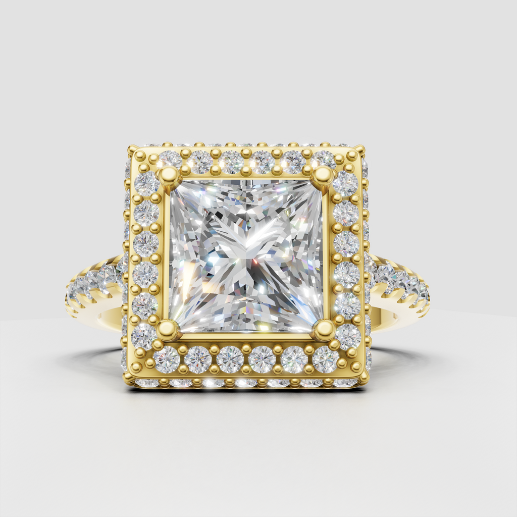 Princess diamond double halo engagement ring with pave setting