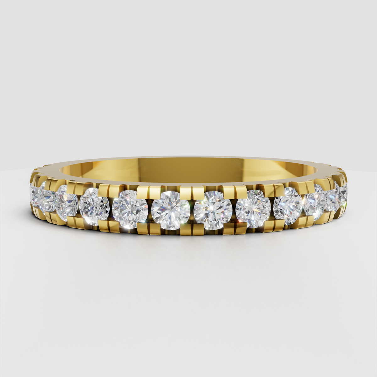 Round diamond eternity band with continuous shared-prong setting
