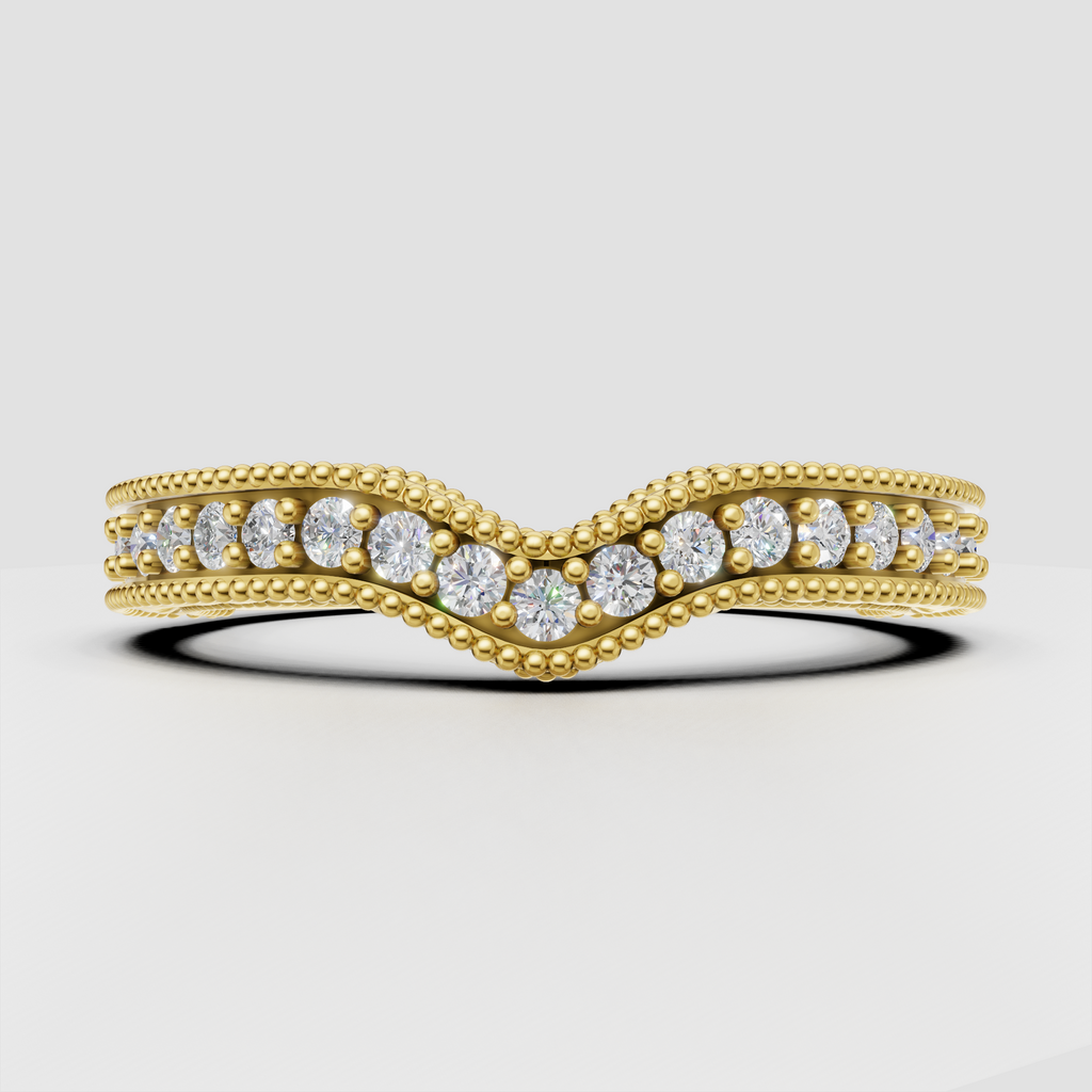Round cut diamond floral wedding band in polished yellow gold
