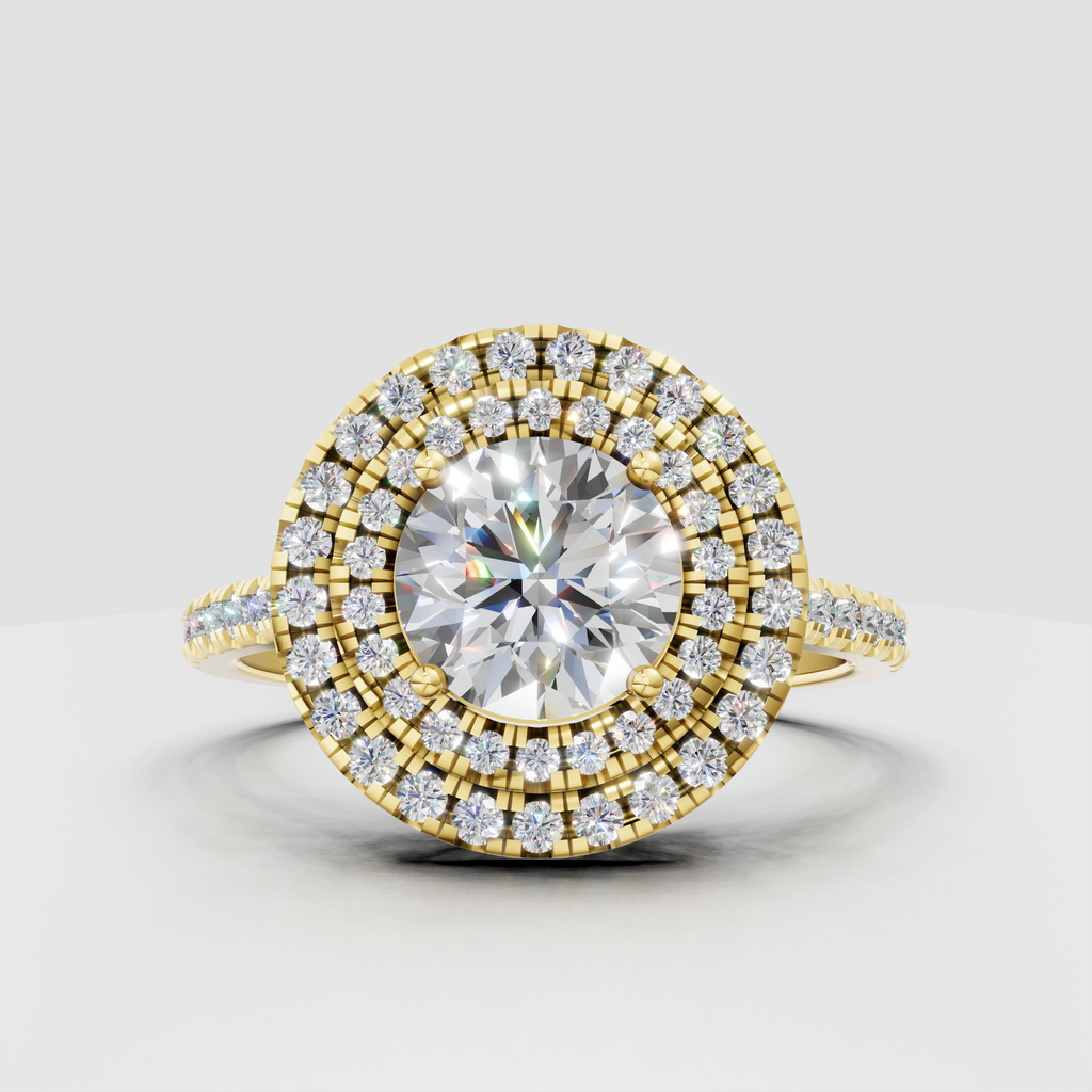 Round cut diamond floral shaped engagement ring with double halo