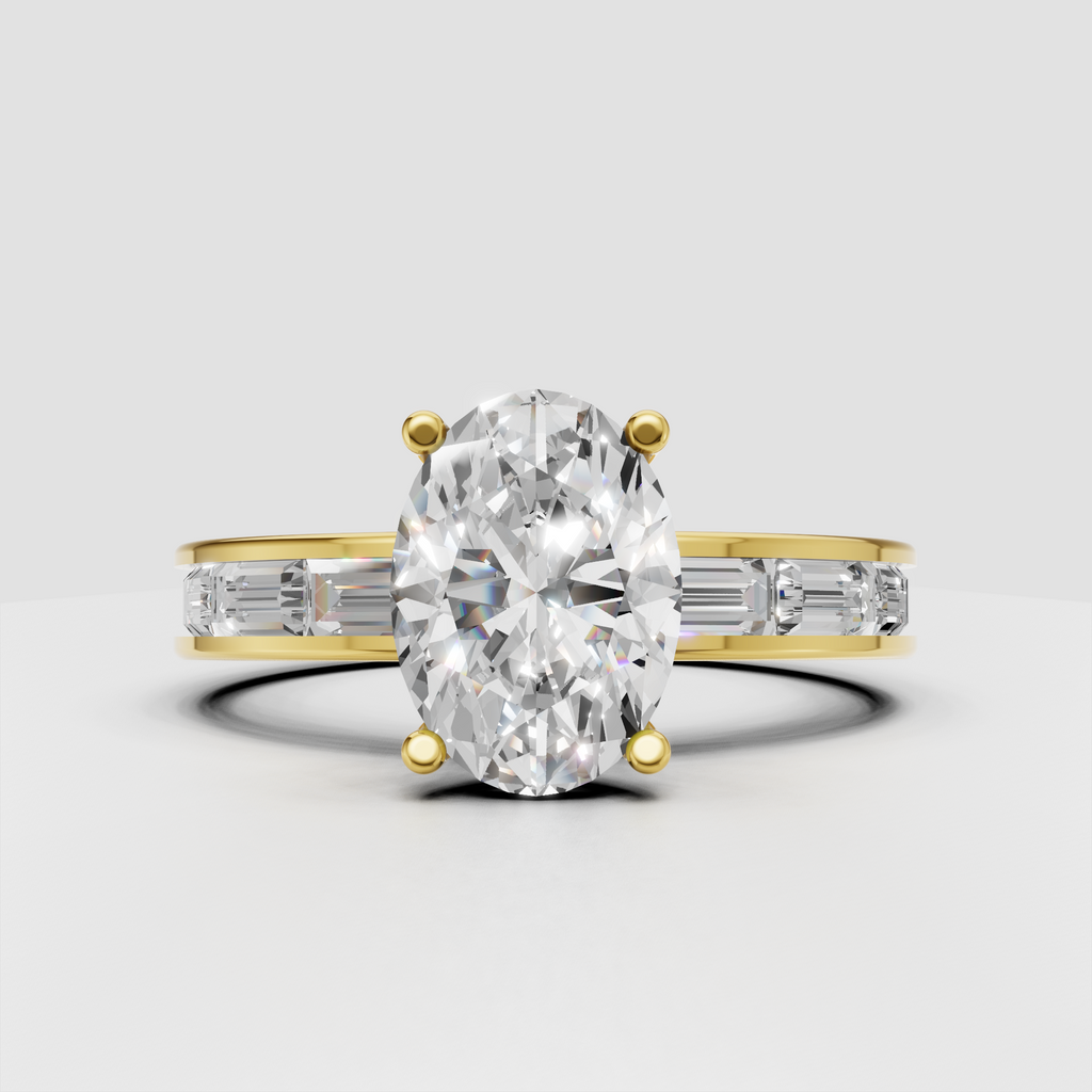 Oval diamond four-prong yellow gold engagement ring with baguette side stones