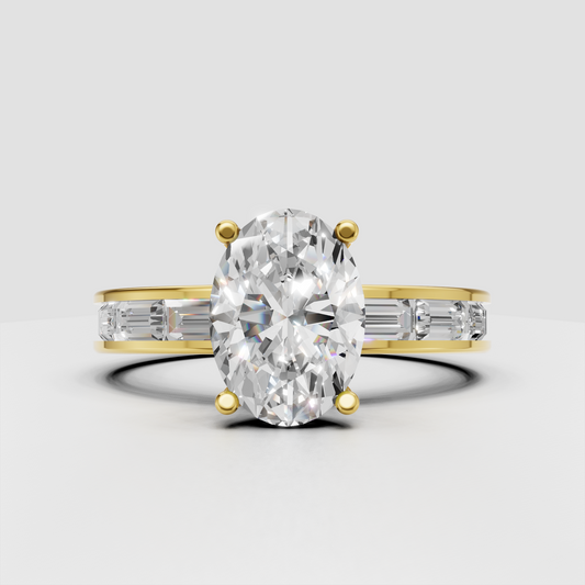 Oval diamond four-prong yellow gold engagement ring with baguette side stones