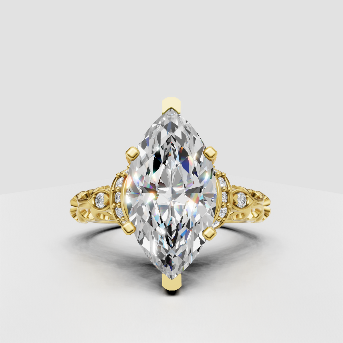Marquise cut diamond engagement ring with ornate filigree split shank
