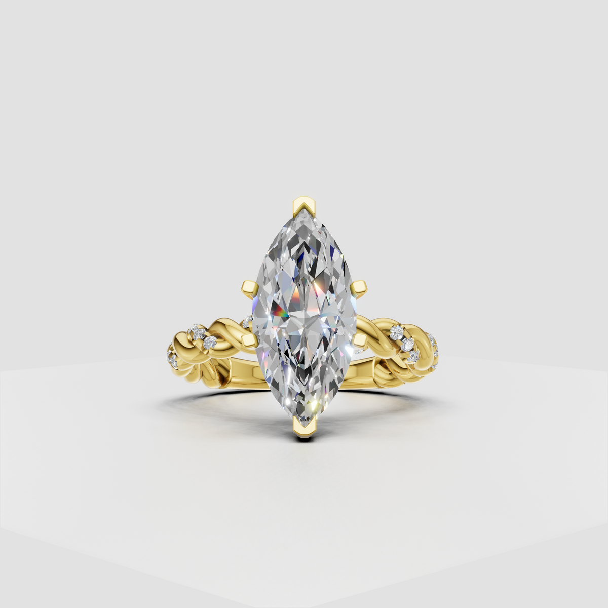 Marquise cut diamond multi-prong twisted vine engagement ring in rose gold