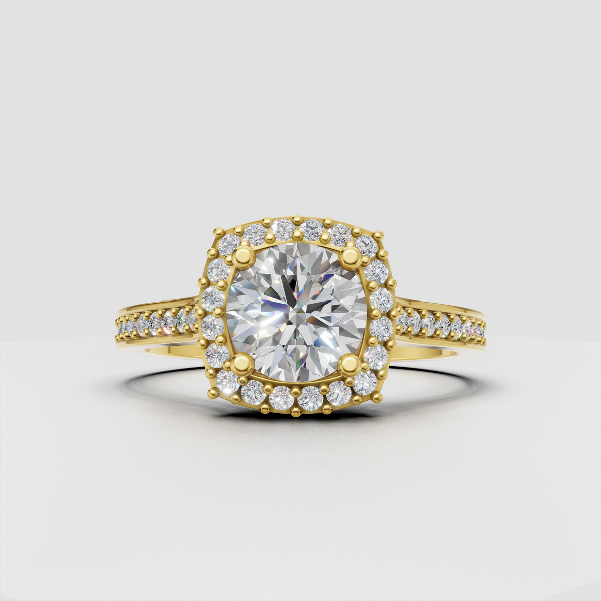 Round cut diamond halo engagement ring with pavé band in yellow gold