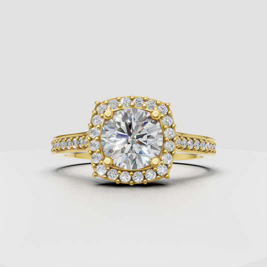 Round cut diamond halo engagement ring with pavé band in yellow gold