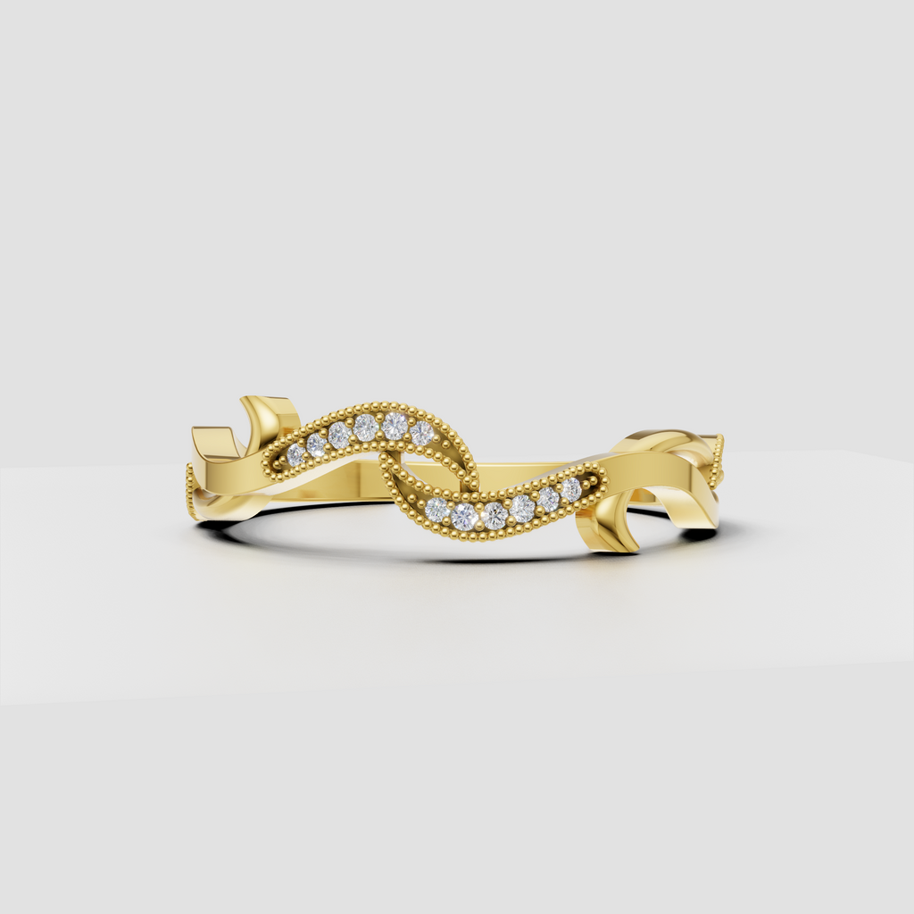 Diamond infinity bypass ring with round stones and milgrain detailing