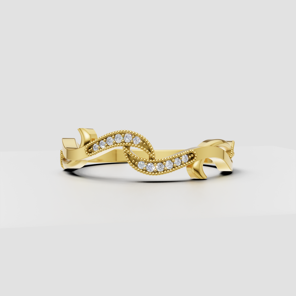 Diamond infinity bypass ring with round stones and milgrain detailing
