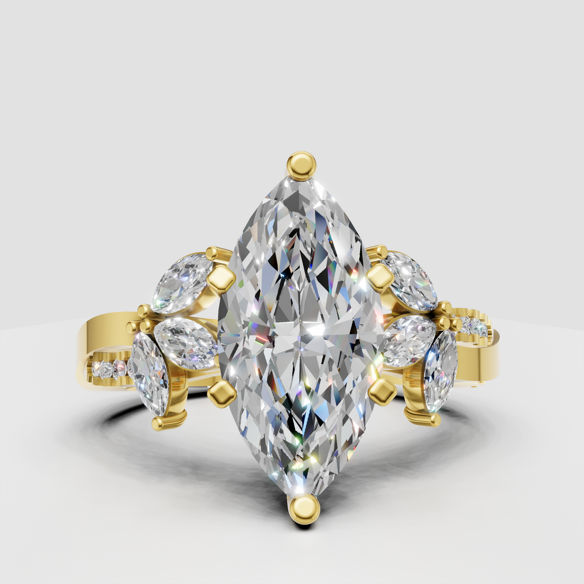 Marquise diamond floral engagement ring with yellow gold split shank