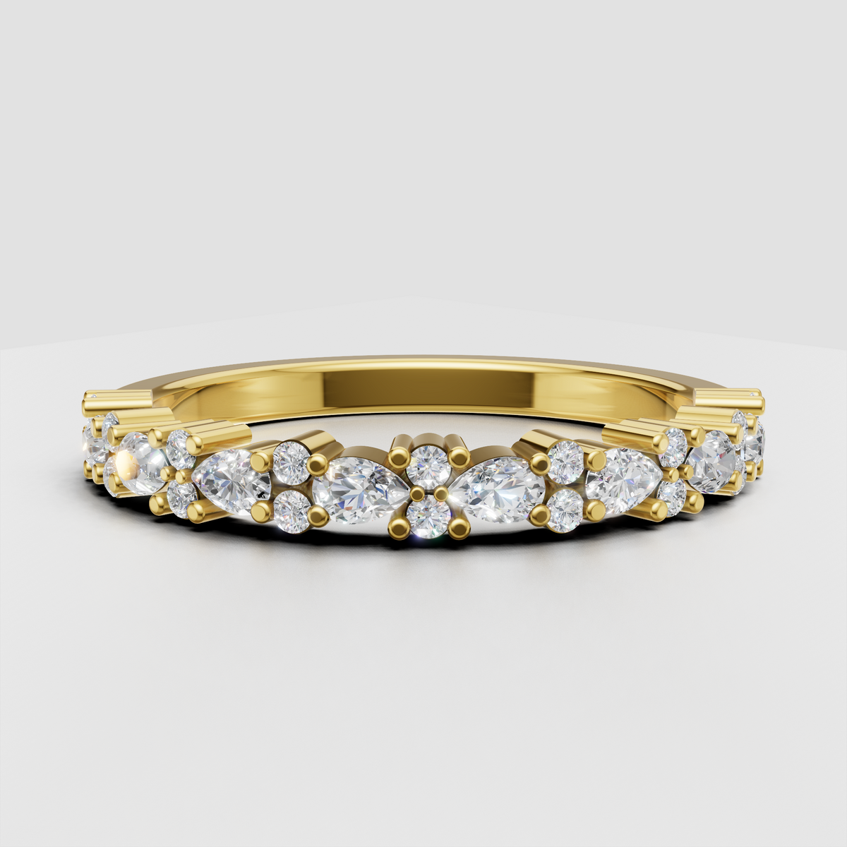 Round and marquise diamond floral cluster half eternity wedding band in polished white metal