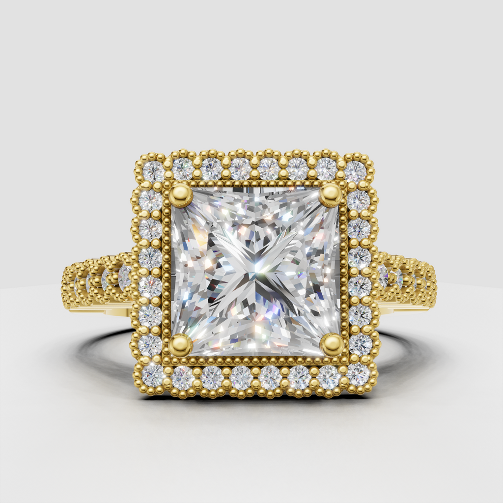 Princess cut diamond halo engagement ring with milgrain detailing and split band