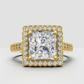 Princess cut diamond halo engagement ring with milgrain detailing and split band