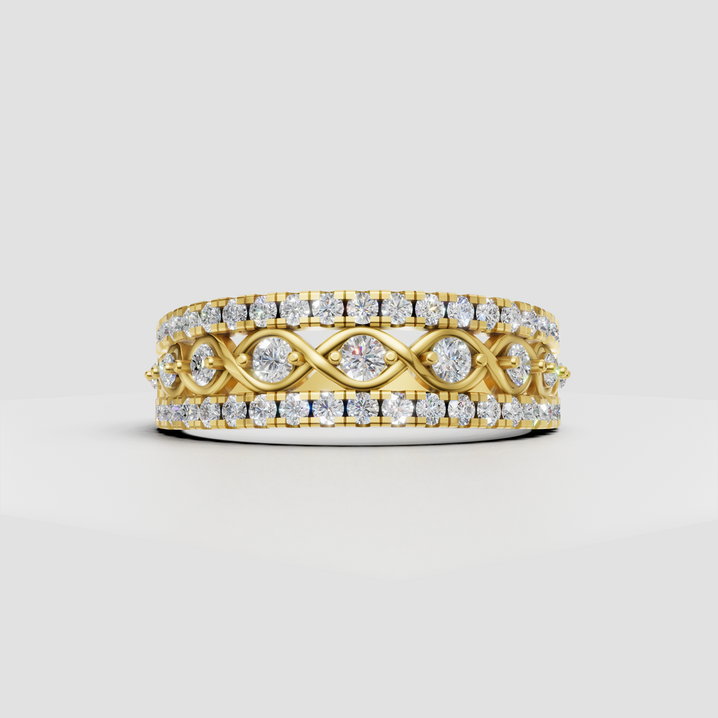 Round diamond infinity band ring in polished yellow gold with three rows of stones