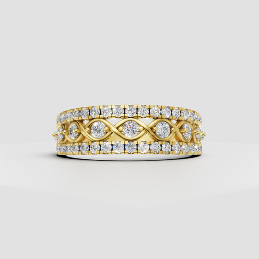 Round diamond infinity band ring in polished yellow gold with three rows of stones