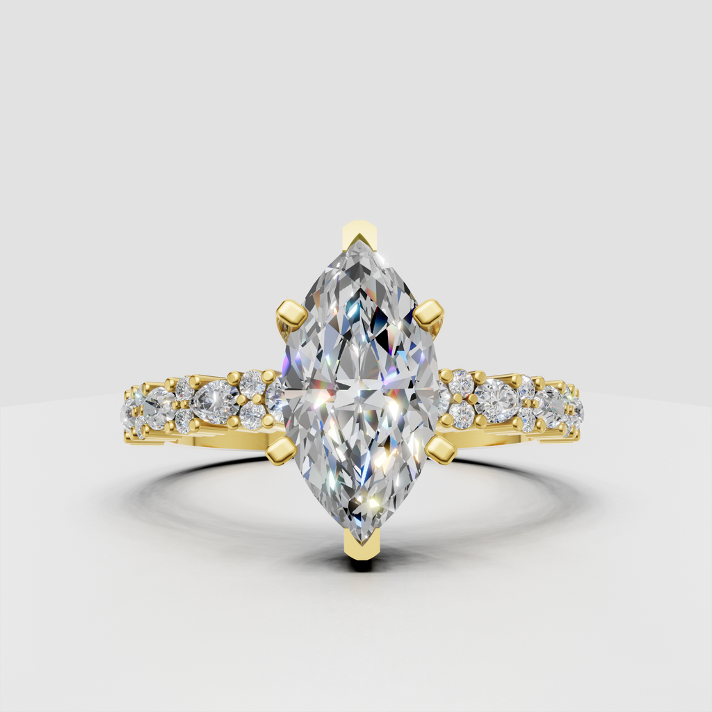 Pear cut diamond engagement ring with marquise and round accents