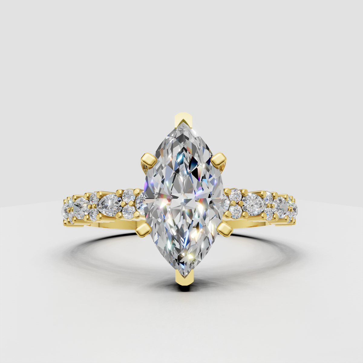 Pear cut diamond engagement ring with marquise and round accents